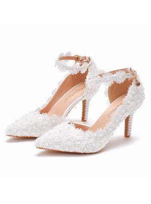 White Lace Pointed Heels Wedding Shoes