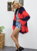 V Neck Faux Fur Coat Women's Middle Length Contrast Color