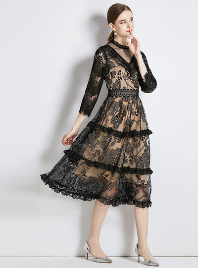 Sexy Hollow High Waist Slim Long Sleeve Lace Dress