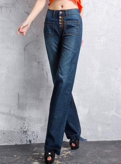 Wide Leg Denim Jeans Breasted Dark Blue