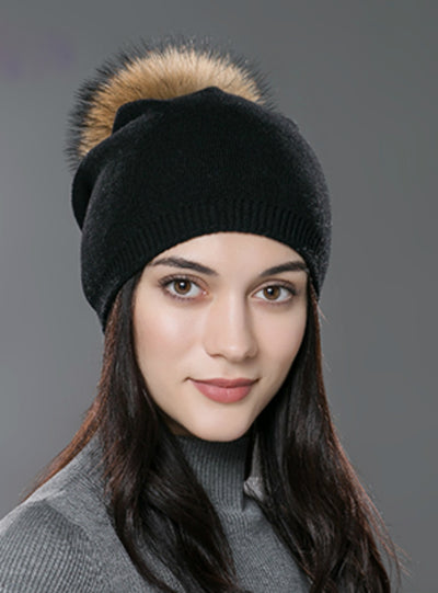 Hat Wool Knitted Beanies Cap Fox Fur