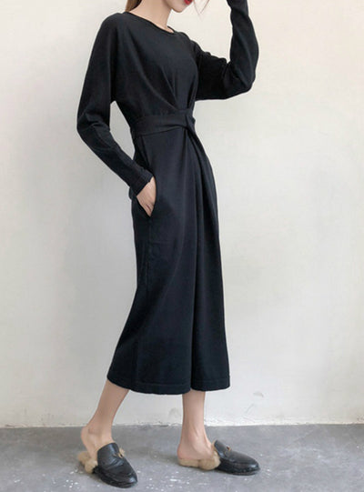 Women Long Sleeve Split Knitted A-line Midi Dress