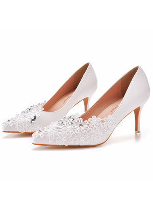 Thin Heel Lace Beaded Wedding Shoes