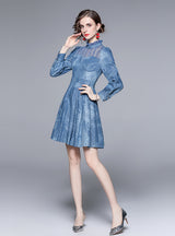 Long Sleeve Perspective Mesh Stitching Denim Dress