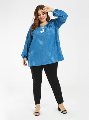 Casual Lantern Sleeve Thin Tie-dyed Denim Top