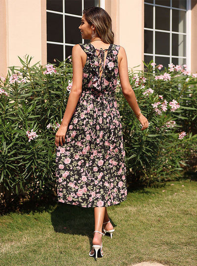 Retro Flower Print Black Dress