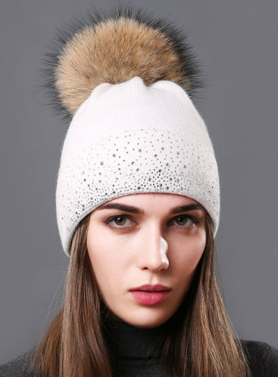 Raccoon Fur Beanie Female Warm Pompom Cap