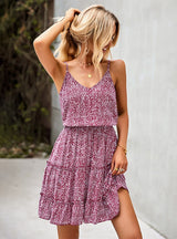 Leopard Print V-neck Suspender Holiday Dress