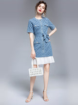 Spliced Pleated Lace Check Denim Dress