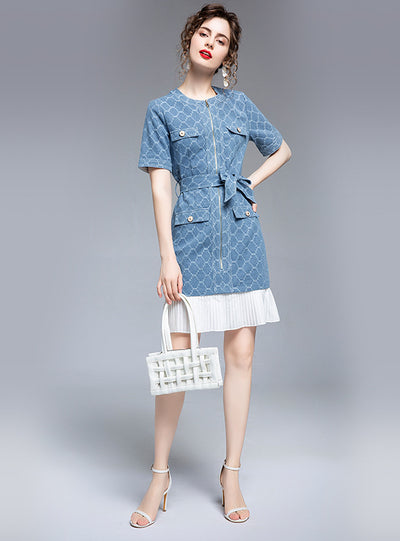 Spliced Pleated Lace Check Denim Dress