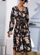 Long Sleeve Retro Lace-up Print Dress