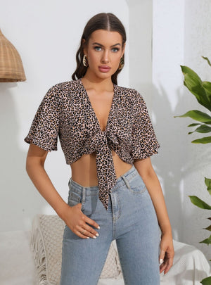 Leopard Print Short Sleeve Shirt Top