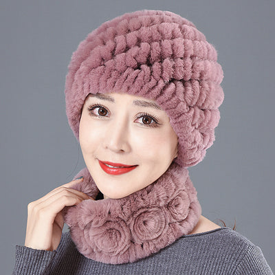 Winter Fur Rex Rabbit Fur Warm Scarf Hat Set
