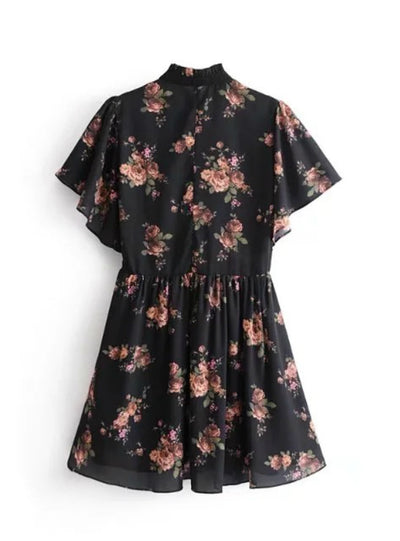 Women Floral Printed Chiffon Dress Lady Bow Tie