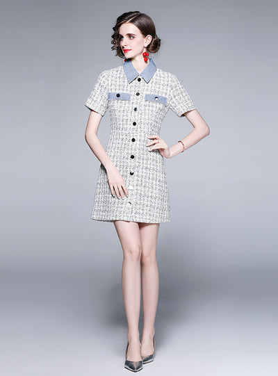 Denim Plaid Short Sleeve Tweed Dress