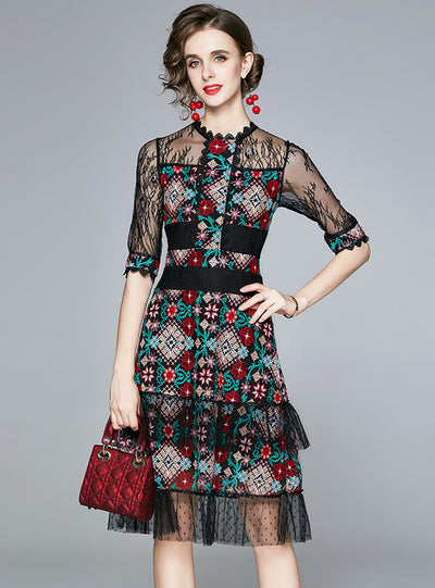 Embroidered Lace Retro Slim Medium-length Dress