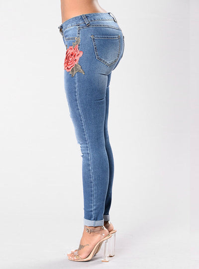 Pencil Embroidery Jeans Ripped For Woman 