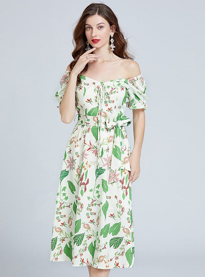 Bubble Sleeve Waist Slim Green Print Dress