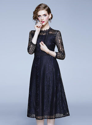 Black Openwork Stitching Lace Dress