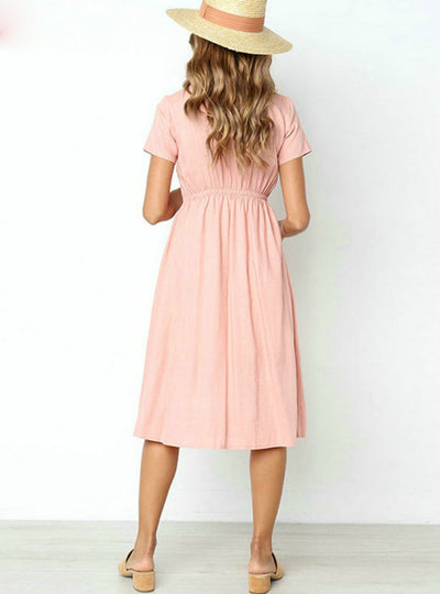 V Neck Short Sleeve Pink Midi Dresses Pocket 