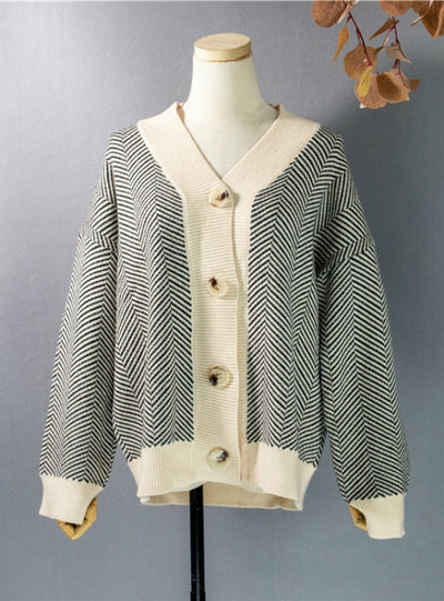 Winter Striped V-Neck Cardigans Buttons Oversize
