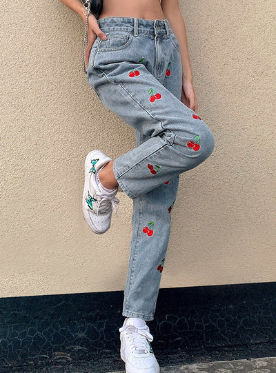 Cherry Embroidered Slim High Waist Jeans