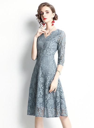 Blue 3/4 Sleeve V-neck Party Dress