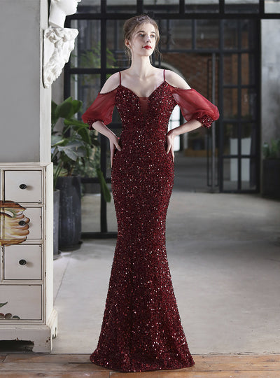 Mermaid Straps Sequins Short Sleeve Party Dress