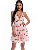 V-neck Suspender Strawberry Sequined Dress