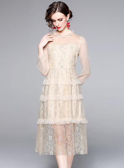 Lace Gauze Embroidered Long Sleeve Dress
