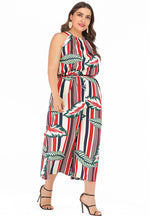 Striped Printed Large Size Tie Round Neck Sleeveless Jumpsuit