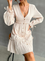 V-neck Long Sleeve Wooden Ears Dress