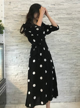 V-neck Ladies Long Dress Casual Half Sleeve Dot Dress