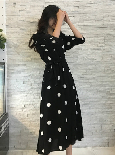 V-neck Ladies Long Dress Casual Half Sleeve Dot Dress
