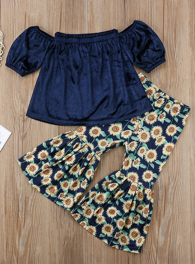 Off shoulder Tank Tops +Sunflower Bell Bottom