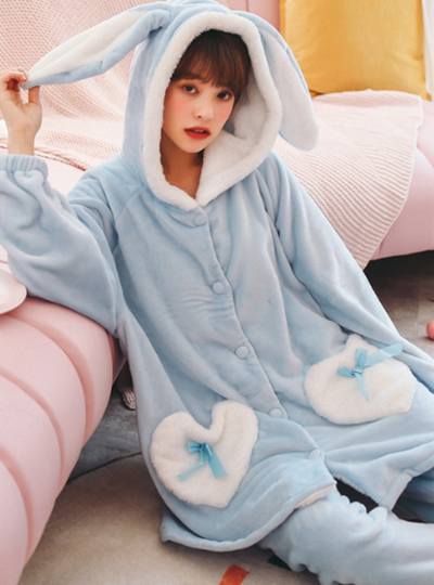 Women Winter Blue Long Sleeve White Pocket Sleepwear