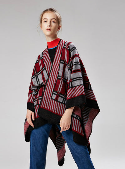 Diagonal Small Plaid Cashmere Like Retro Split Shawl