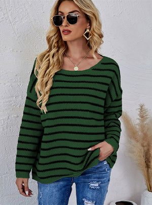 Striped Pullover Loose Color Matching Crew Neck Sweater
