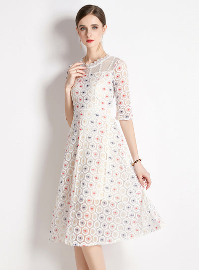 White Printed Lace Short Sleeves Dress