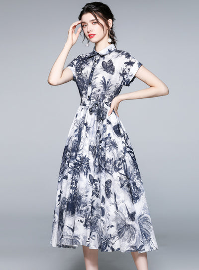 Lapel Short Sleeve Jungle Ink Print Dress