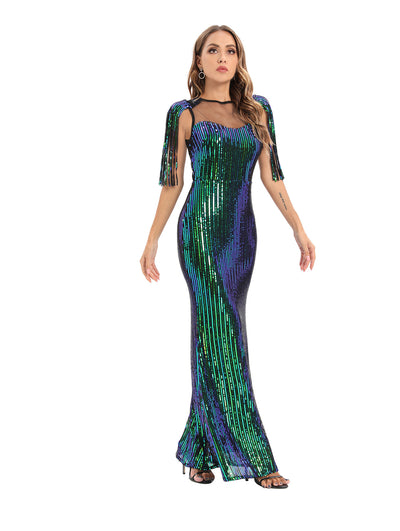 Retro Green Tassel Sequined Dress
