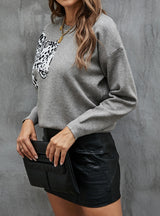 Leopard Jacquard Round Collar Pullover Sweater