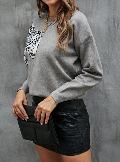 Leopard Jacquard Round Collar Pullover Sweater