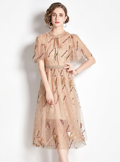 Round Neck Embroidered Lace Gauze Dress