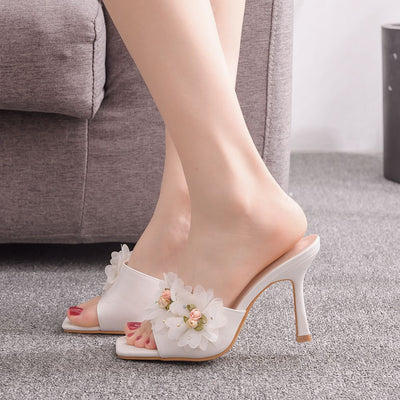 White Flower Square Slippers Shoes