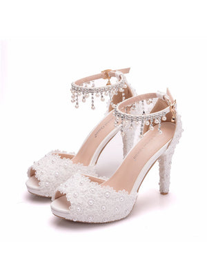 Thin Lace Beaded Fishmouth High-heeled Sandals