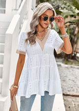 V-neck Hollow Jacquard Short-sleeved Shirt