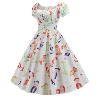 Summer Short Sleeve Square Collar Retro Print Dress