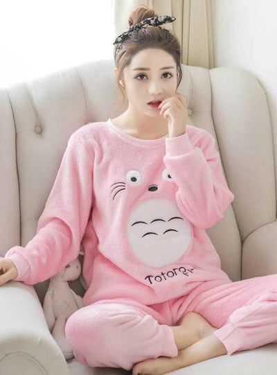 Long Sleeve Cartoon Sleepwear Thin Flannel Pajamas Set