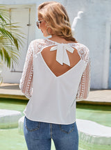 Hollow Lace Backless Crew Neck T-shirt